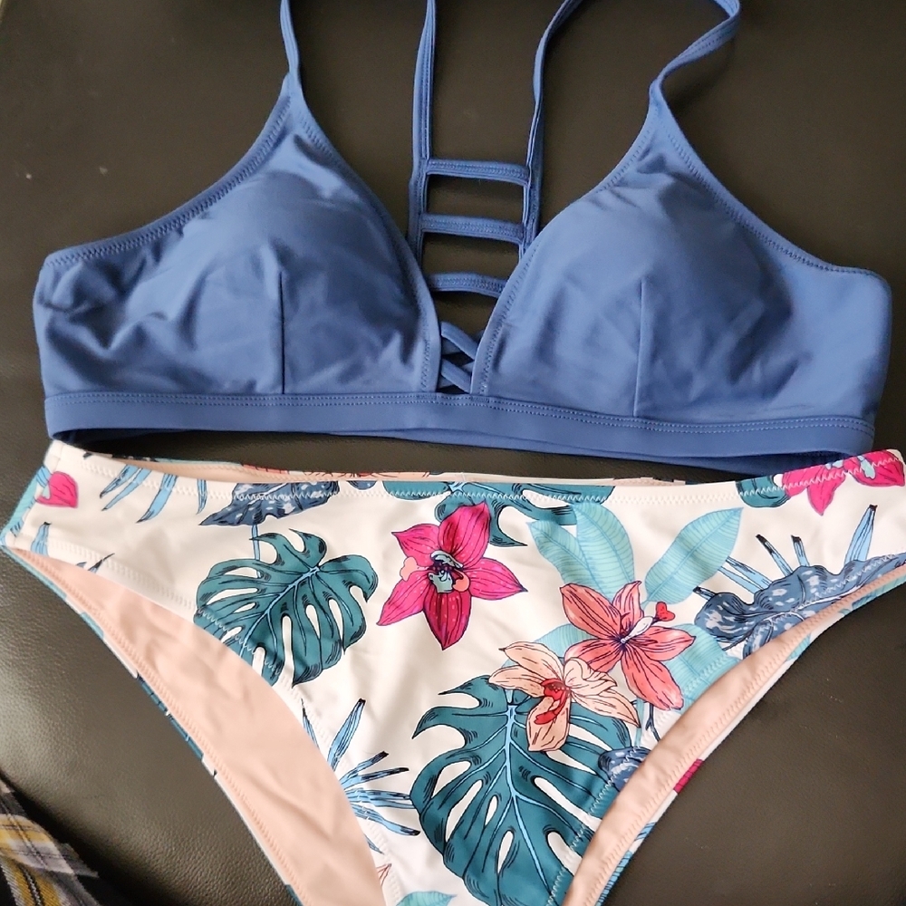 Blue Bikini Top with Floral Bottom